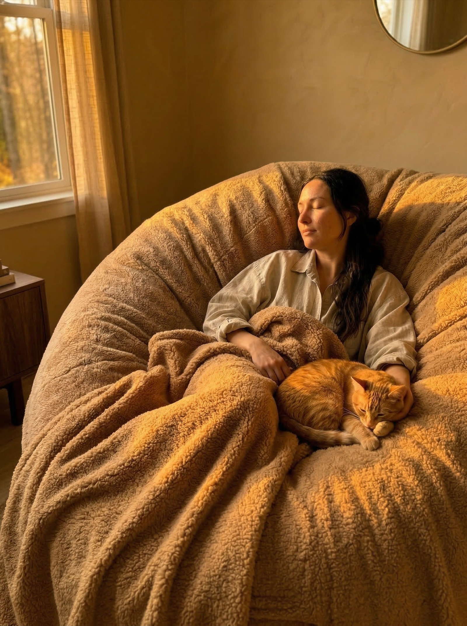 A woman with eyes closed and a ginger cat sleeping on a 6ft Cosac in camel sherpa fleece, golden-hour light in a calm reading corner