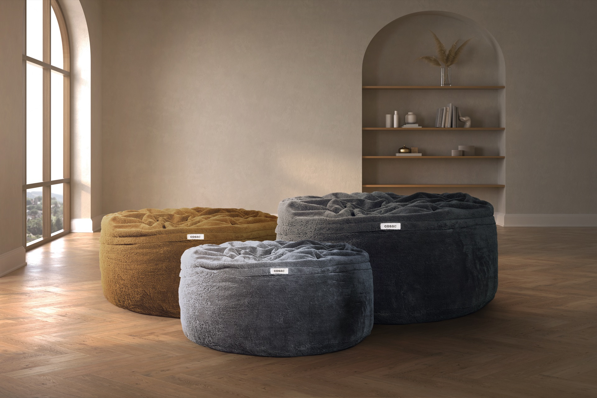 The Cosac beanbag collection — all three sizes in Camel, Charcoal, and Dark Charcoal
