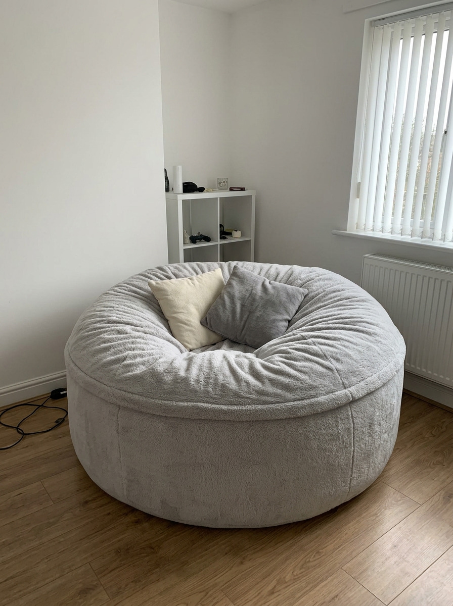 Cosac 6ft beanbag in ash sherpa fleece set up as a reading corner with a soft throw blanket and warm low light